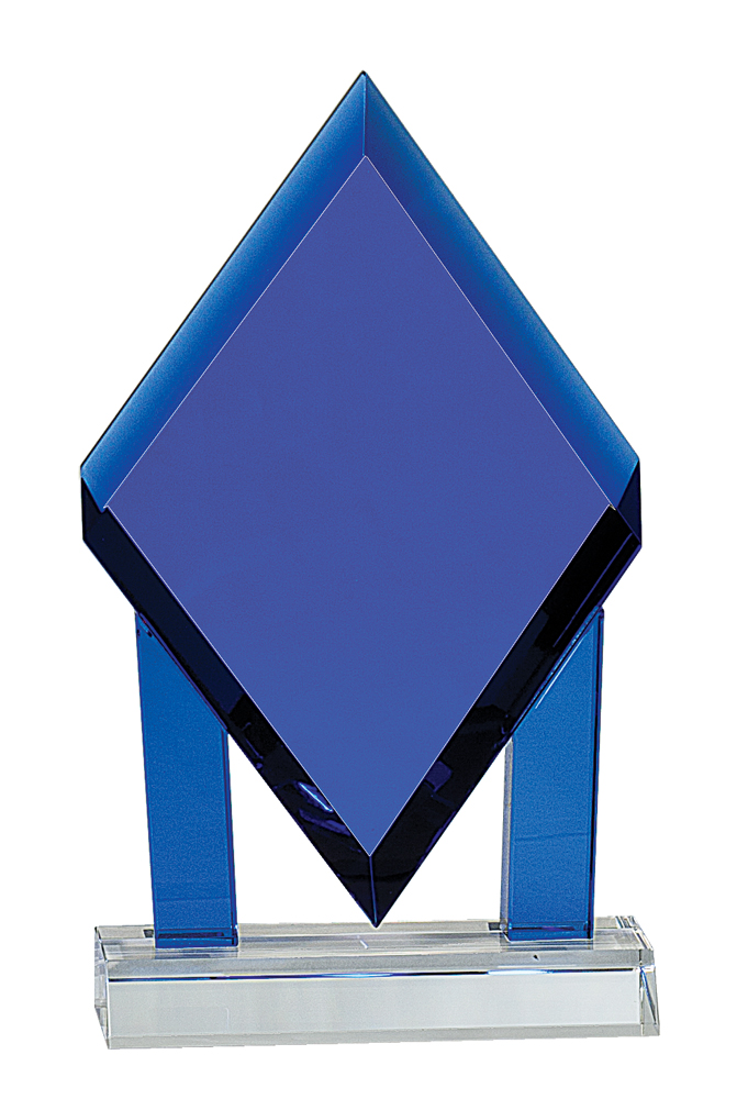 8 3/4" Blue Crystal Floating Diamond with Blue Columns on Clear Base