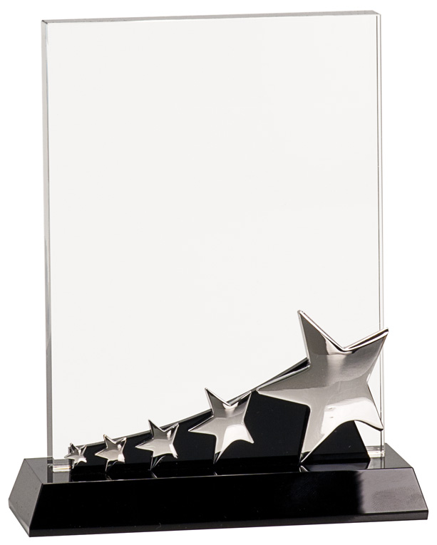 8" Rectangle Crystal with Silver Stars on Black Pedestal Base