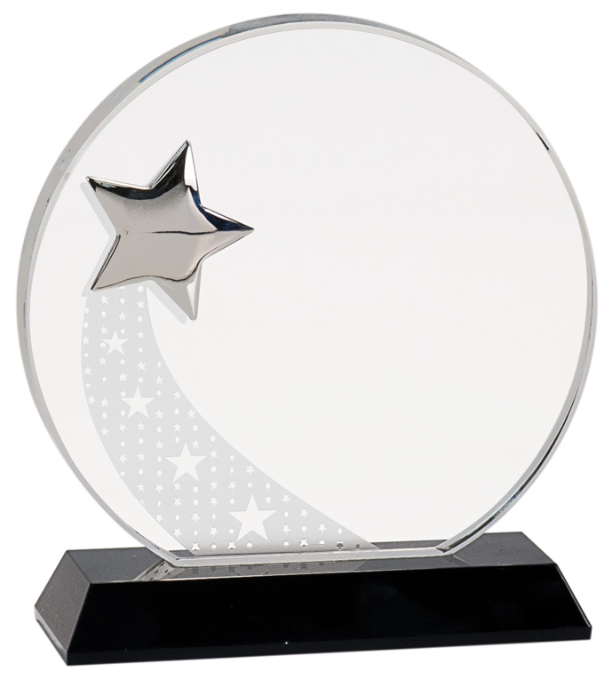 6 1/4" Round Crystal with Silver Star on Black Pedestal Base