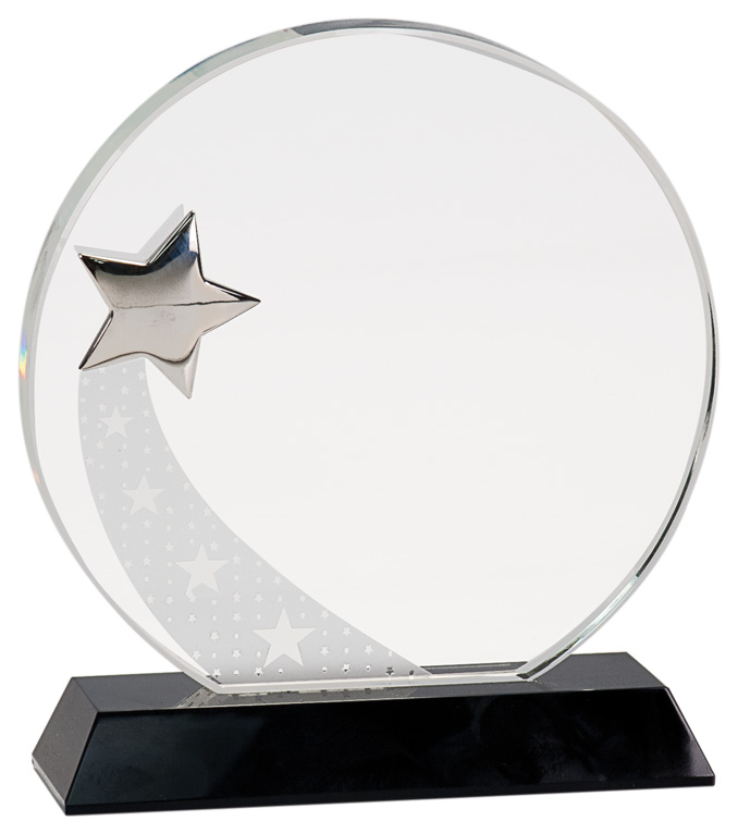 7 1/4" Round Crystal with Silver Star on Black Pedestal Base
