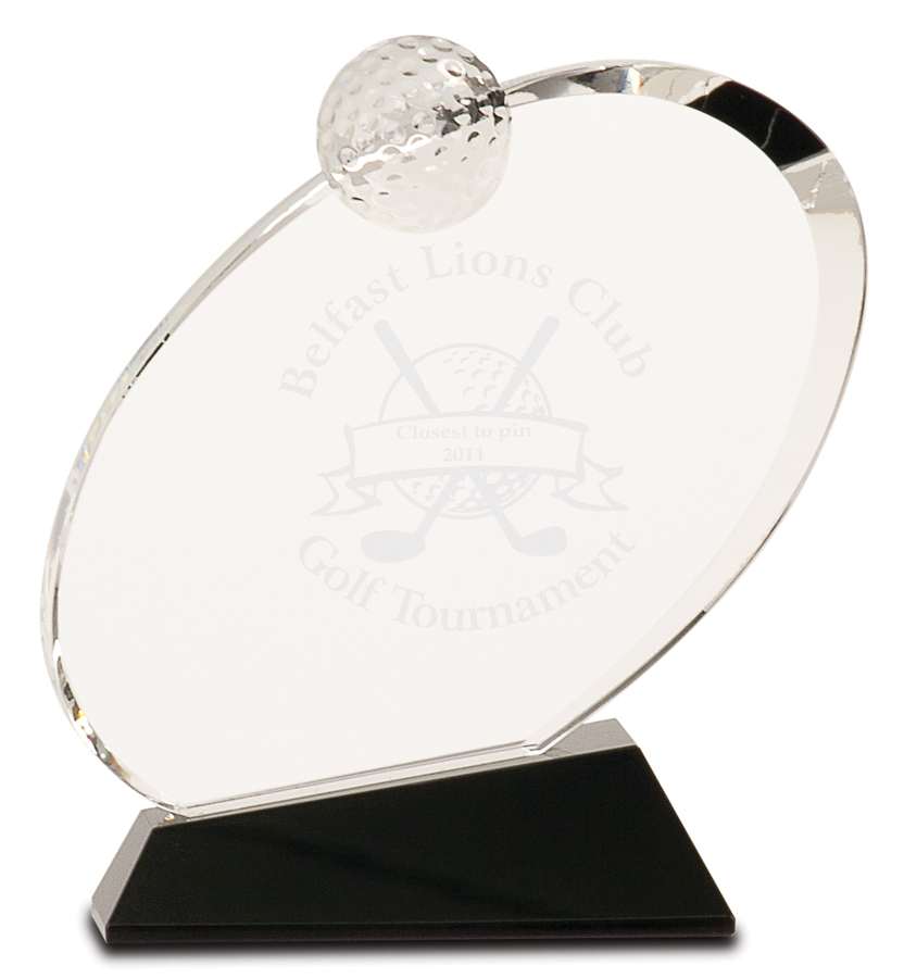 6" Clear Crystal Oblong Golf Award on Black Crystal Base