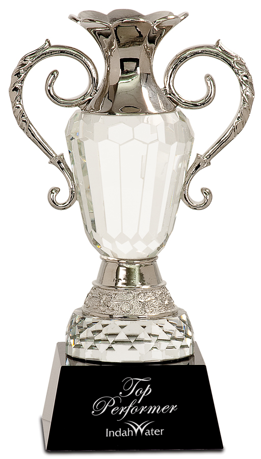 10" Crystal Cup with Silver Metal Handles on Black Pedestal Base