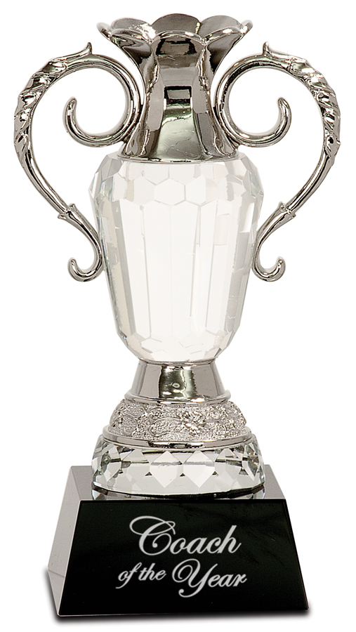 8" Crystal Cup with Silver Metal Handles on Black Pedestal Base