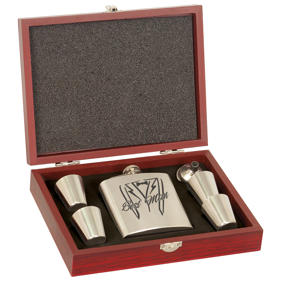6 oz. Stainless Steel Flask Set in Wood Presentation Box