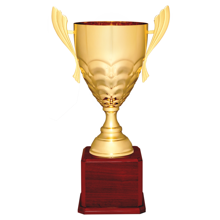 21" Gold Completed Metal Cup Trophy on Rosewood Royal Piano Finish Base