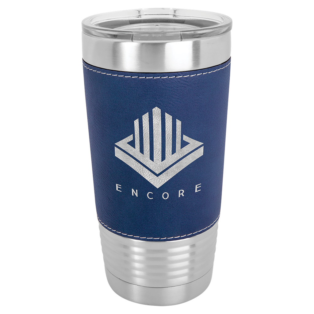 20 oz. Blue/Silver Laserable Leatherette Polar Camel Tumbler with Clear Lid