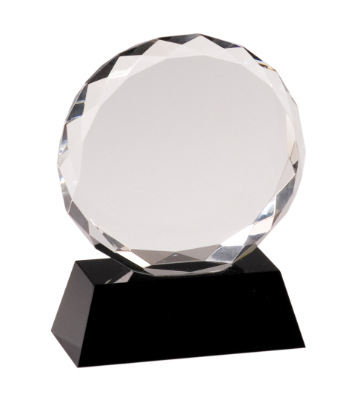 [CRY001S] 5" Round Facet Crystal on Black Pedestal Base