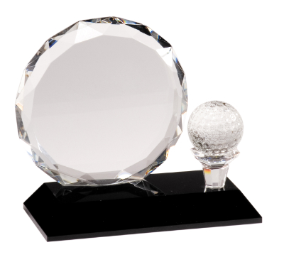 [CRY026S] 5 1/2" Round Facet Crystal with Golf Ball on Black Pedestal Base