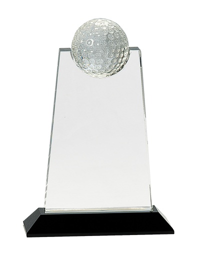 [CRY307] 9" Clear Crystal Tablet with Inset Golf Ball on Black Pedestal Base