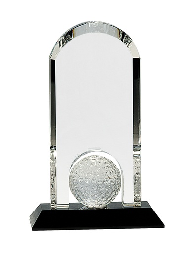 [CRY308] 9" Clear Crystal Dome with Inset Golf Ball on Black Pedestal Base
