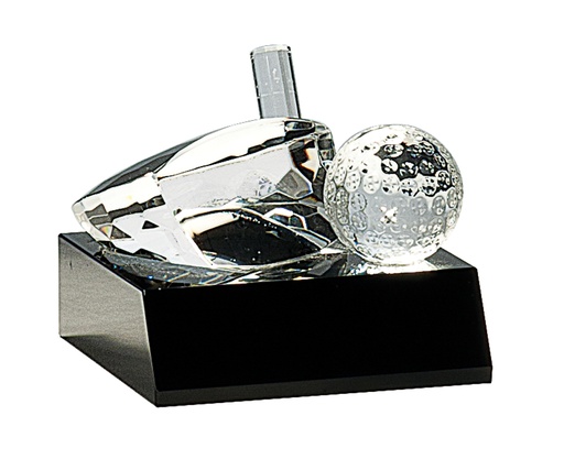 [CRY305] 3" Clear Crystal Golf Ball & Club on Black Pedestal Base