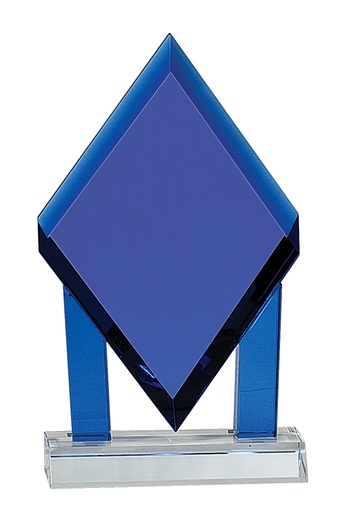[CRY243] 8 3/4" Blue Crystal Floating Diamond with Blue Columns on Clear Base