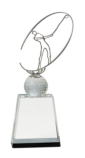 [CRY146M] 11" Clear/Black Crystal Golf Award with Silver Metal Oval Figure