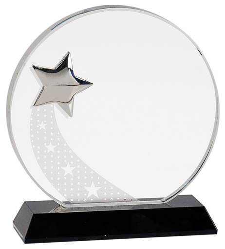 [CRY141] 6 1/4" Round Crystal with Silver Star on Black Pedestal Base