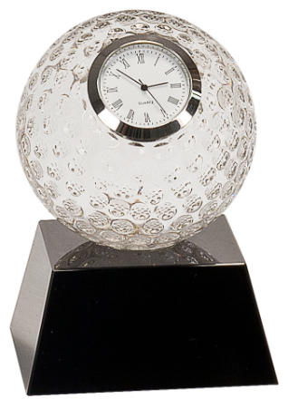 [CRY6101L] 5" Clear Crystal Golf Ball Clock with Black Pedestal Base