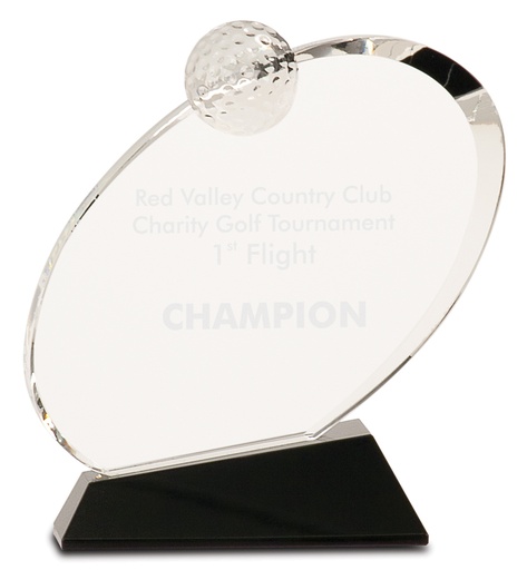[CRY013L] 7 1/4" Clear Crystal Oblong Golf Award on Black Crystal Base