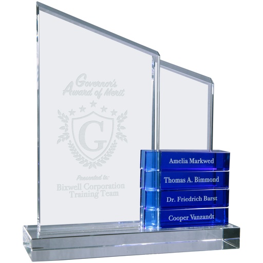 [CRY7022BU] 8" x 9" Crystal Perpetual Standup Plaque with 4 Blue Crystal Blocks
