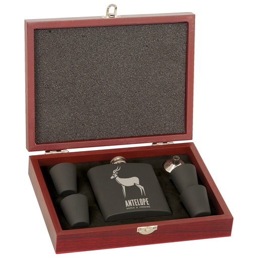 [FSK12] 6 oz. Matte Black Laserable Stainless Steel Flask Set in Wood Presentation Box