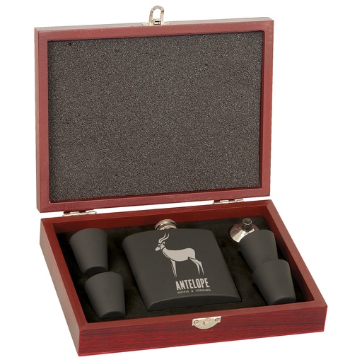 [FSK12] 6 oz. Matte Black Laserable Stainless Steel Flask Set in Wood Presentation Box