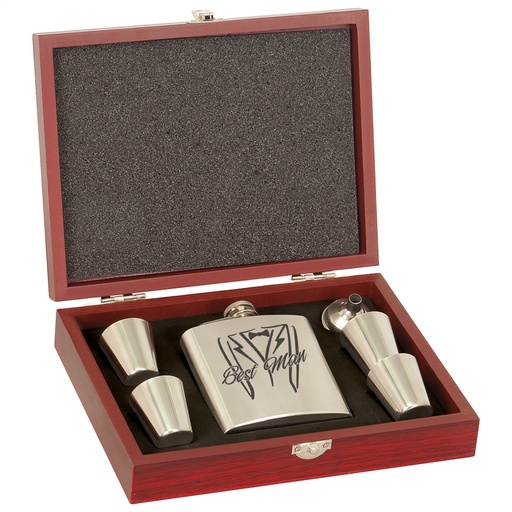 [FSK11] 6 oz. Stainless Steel Flask Set in Wood Presentation Box