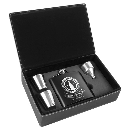 [FSK312] 6 oz. Black Stainless Steel Flask Set in Black/Silver Laserable Leatherette Box