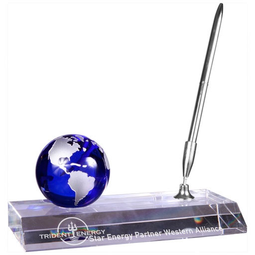 [CRY7211] 7" x 3" Blue Crystal Globe with Base and Pen