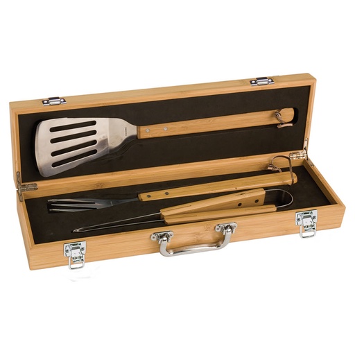 [BBQ02A] 3-Piece Bamboo BBQ Set in Bamboo Case