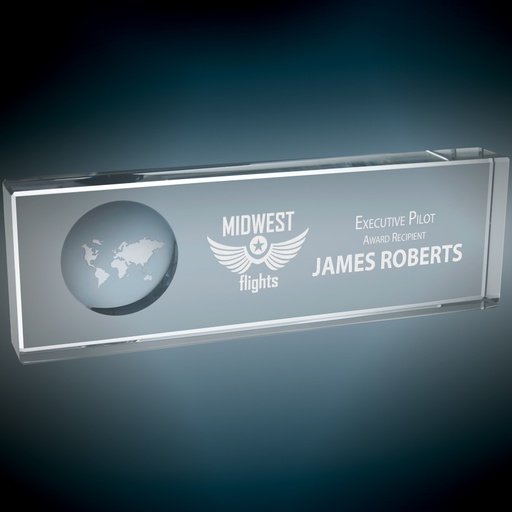 [CRY1828X] 8 3/4" x 2 3/4" Clear Crystal Horizontal Name Bar with Engraved Globe